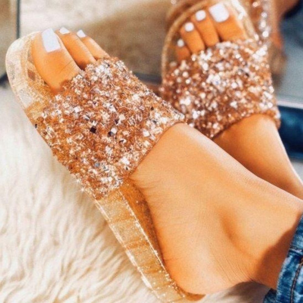 !! RESTOCKED !! Embellished Sparkle Slides - Gold - Picture 6 of 7